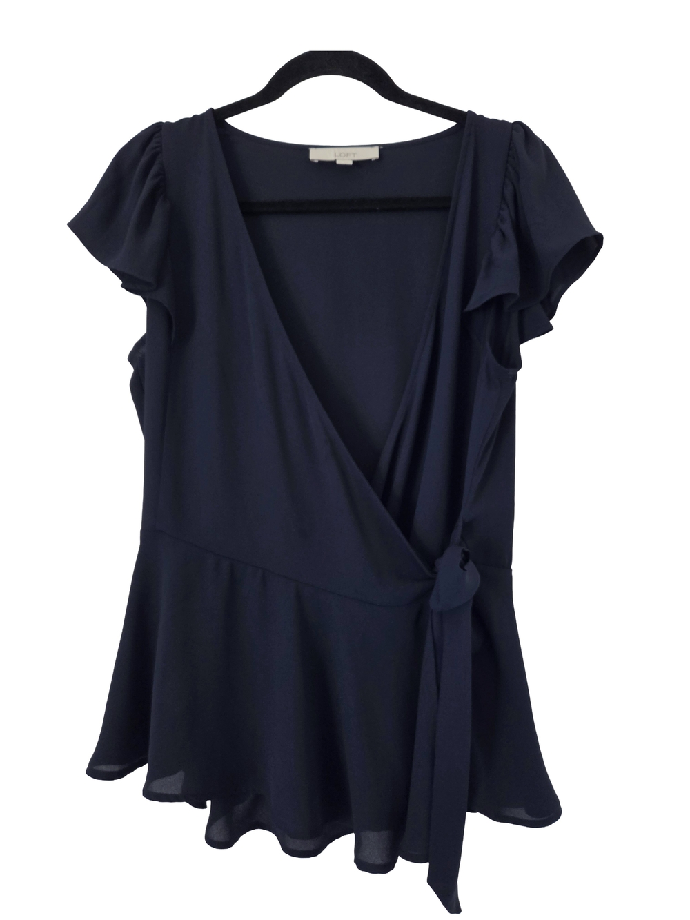 LOFT Wrap Peplum Navy Blue Blouse Flutter Sleeves Side-Tie Waist (M)